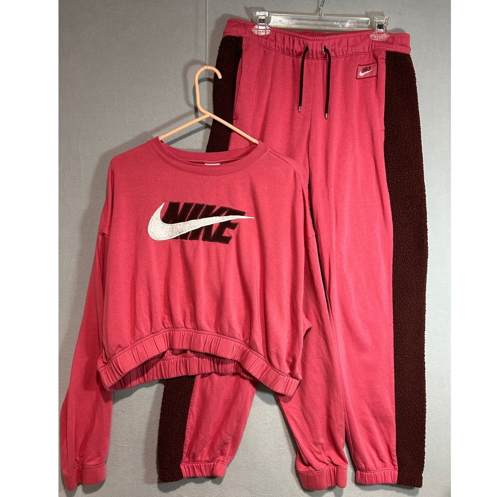 Nike Sweatshirt Sweatpants Set Women Large Pink Brown Logo Fleece Tracksuit